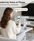 Woman using smartphone with Smart Dimmer Plug With Remote in living room for voice control, top tier wireless dimmer switch.