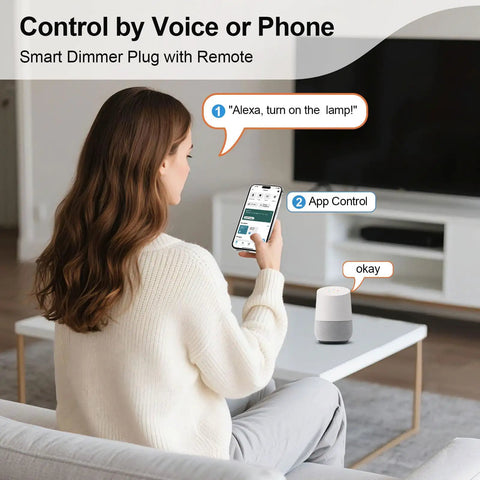 Woman using smartphone with Smart Dimmer Plug With Remote in living room for voice control, top tier wireless dimmer switch.