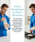 Man using All In One Pancake Batter Dispenser With BlenderBall And Wire Whisk Includes Silicone Spatula And Cleaning Brush