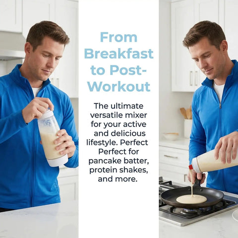 Man using All In One Pancake Batter Dispenser With BlenderBall And Wire Whisk Includes Silicone Spatula And Cleaning Brush