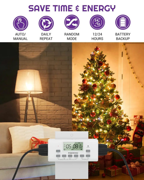 Dual Digital Timer Outlets Keep Your Daily Routine Smooth With A 7 Day Programmable Schedule Easy Manual Switches And Plug And Play Setup That Just Works Like A Dream, featuring a timer box plugged in near a decorated Christmas tree.