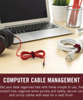 Fire Retardant Cable Ties 50 Pack One Wrap FR 8 Inch pre-cut cable ties securing cables and cords on a desk setup, cranberry.