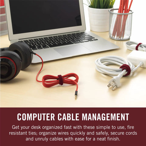 Fire Retardant Cable Ties 50 Pack One Wrap FR 8 Inch pre-cut cable ties securing cables and cords on a desk setup, cranberry.