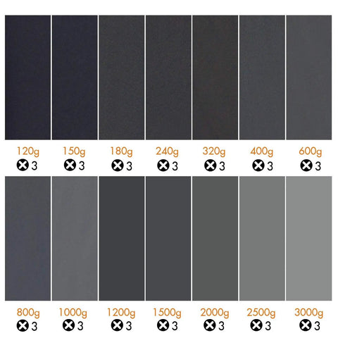 Pro Grade Wet And Dry Sandpaper Kit With 42 Pack Assorted Grits From 120 To 3000, 9x3.6 Inch Sheets displayed in order