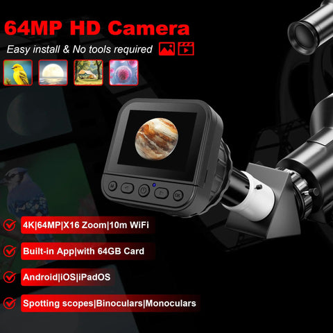 4K Wireless Telescope Camera With 1.25 Inch And 2 Inch Eyepiece Adapters, IR Filter, X16 Zoom, 2.8 Inch LCD, 8MP Sensor on scope.