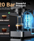 Snag This Pro Level 20 Bar Espresso Machine With Rapid 30 Second Heat Up And Precision Microfoam Steam Wand For Dope Lattes And Creamy Cappuccinos In A Tight Black Build brewing espresso shot with 20 bar pressure