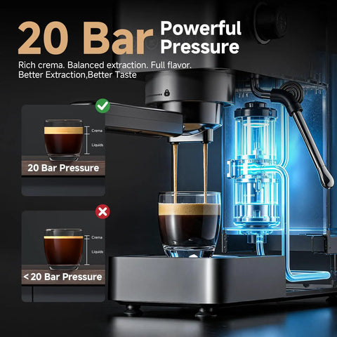 Snag This Pro Level 20 Bar Espresso Machine With Rapid 30 Second Heat Up And Precision Microfoam Steam Wand For Dope Lattes And Creamy Cappuccinos In A Tight Black Build brewing espresso shot with 20 bar pressure