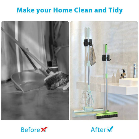 Mop Broom Holder Wall Mount With Shelf And Hooks Self Adhesive Sturdy in use before and after comparison