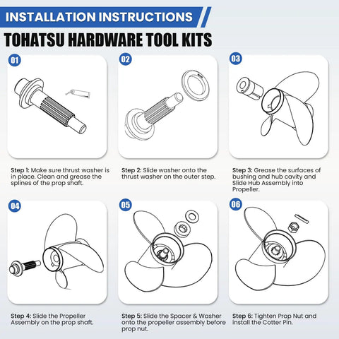 Instruction guide for Outboard Propeller Installation Hardware Kit For Tohatsu 25 To 30 HP Boats includes thrust washer and more