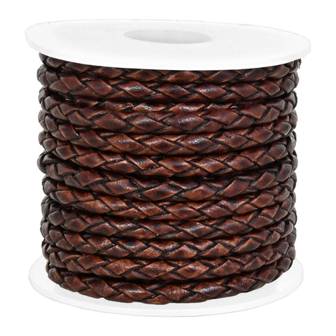 Spool of Genuine Round Braided Leather Cord For DIY Jewelry Making And Crafts 3mm Thick 5 Meters Long Antique Brown