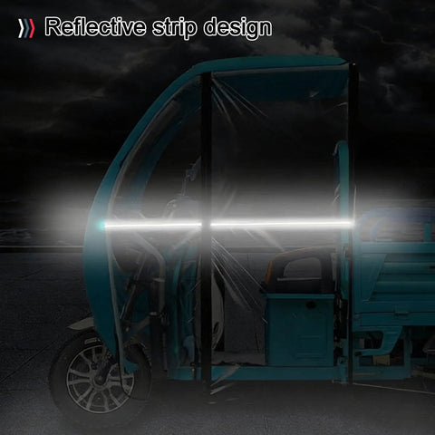 Three-Wheeled Electric Tricycle Cover With Transparent Rain Curtain For Outdoor Riding And Cargo Haul Weatherproof Shield With Reflective Strips For Safer Night Visibility Easy Fit On Electric Powered Trikes, reflective side view