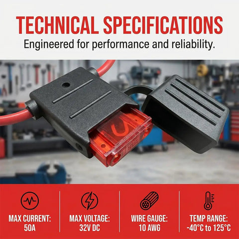 Snag This Badass 2 Pack of 10 Gauge 12 Volt Inline Fuse Holders Featuring 50 Amp ATC ATO Blade Fuses 11 Inch Heavy Duty Waterproof Design Built Tough For Cars Trucks Boats And Motorcycles Black Color, showing technical specifications.