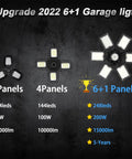 Comparison of LED garage light panels, showing 3, 4, and 6+1 panel designs with Ultra Bright 240W LED Garage Ceiling Light Fixture For Large Areas Modern Commercial Grade Energy Efficient Easy Install With Six Plus One LED Panels 248 LEDs Delivers Big Time Brightness For Wide Coverage And Reliability specifications.
