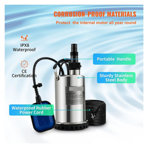 Heavy Duty Submersible Sump Pump Stainless Steel 1300 Watt features portable handle, waterproof cord, and IPX8 certification.