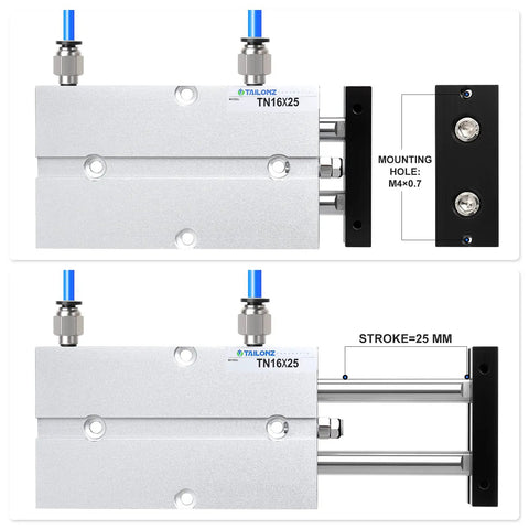 Pneumatic Air Cylinder 16mm Bore 25mm Stroke Beefy Aluminum Body Double Rod Double Acting, 0-145psi Working Pressure, M5 Port Size