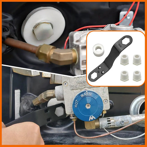Rugged RV Water Heater Drain Plug Kit With Angled Wrench And PTFE Tape Four Pack Replacement Plugs in repair application