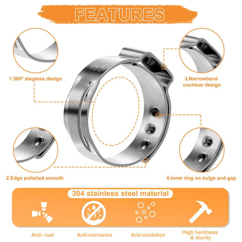 Front view of a single 304 stainless steel ear hose clamp ring with crimp ear, 6–33 mm size range