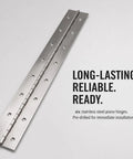 Six Pack 15.7 x 2 Inch Stainless Steel Piano Hinges Continuous Hinge on white background with text "Long-lasting. Reliable. Ready."