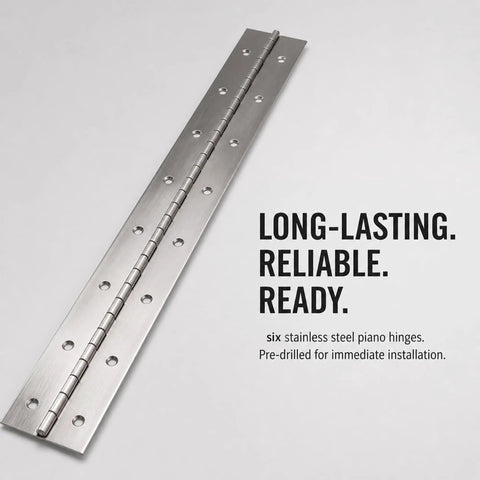 Six Pack 15.7 x 2 Inch Stainless Steel Piano Hinges Continuous Hinge on white background with text "Long-lasting. Reliable. Ready."