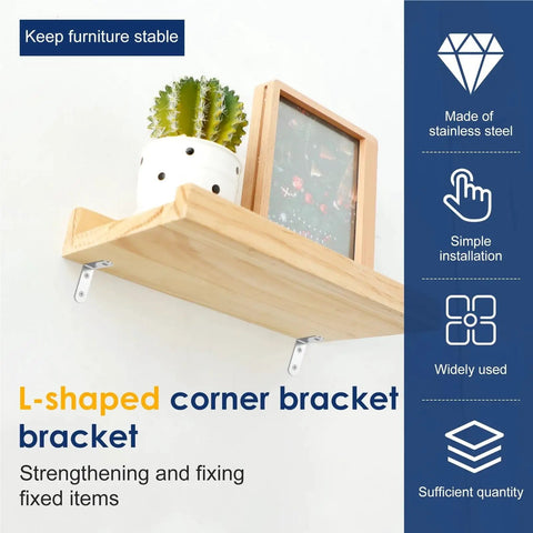 50 Piece Kickass Stainless Steel L Shaped Corner Brackets Heavy Duty 90 Degree Right Angle Support Hardware For Hassle Free Furniture Assembly And Wall Panel Reinforcement Solid Workhorse Build, stabilizing a wooden shelf with a plant.