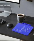 Navy Blue Glass Desktop Whiteboard Mini 8x6 Inch with Pen Holder on desk next to computer and coffee cup, modern office setup.