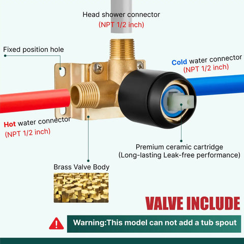 Brass valve body with head shower, hot and cold water connectors for Square Stainless Steel Shower Faucet Set With Rainfall System One Handle Trim Kit Ceiling Mount Ten Inch Matte Black With Rough In Valve For Easy Water Control And A Sleek Cool Modern Bathroom Upgrade. Valve include warning. 