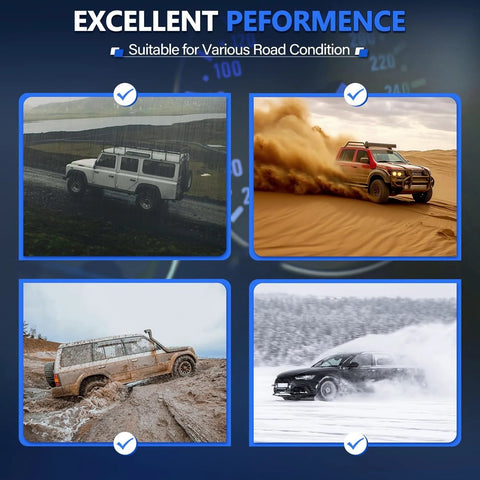 Four vehicles driving in different terrains: rocky path, sandy desert, muddy track, and snowy road, showcasing performance.