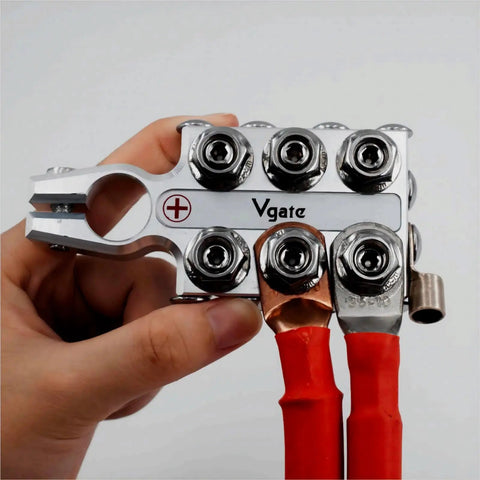 Beefy 16-Way Lead Acid Battery Post Terminal Ends With Distribution Block Bus Bar For 8 AWG Up To 4/0 XL Gauge Positive And Negative For SAE DIN EN Tapered Top Posts, silver terminal block with red cables