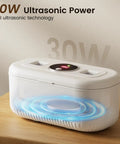 Heavy Duty Ultrasonic Jewelry Cleaner With 30W Output And 48KHz Waves To Crush Embedded Grime, showing 30W power indicator and cleaning action.
