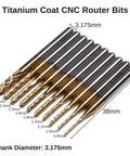 Titanium-coated CNC router bits set with 3.175mm shank, showcasing various diameter bits between 0.8mm and 3.0mm for precise carving.