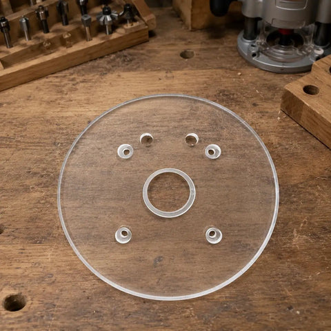Six Inch Clear Acrylic Router Base Plate With Precision Pre Drilled Holes For DWP611 And DCW600B Compact Routers on wood surface.