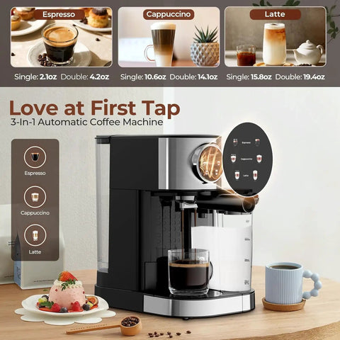 No Fuss Compact Espresso Machine With Real 20 Bar Pressure And Quick Thermo Block Heating Stainless Steel Coffee Maker featuring 3-in-1 options.