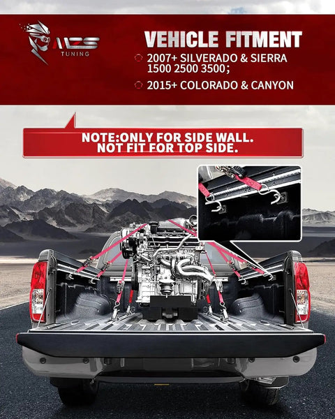 Heavy Duty Retractable Truck Bed Tie Downs Compatible With Silverado And Sierra Pickup Oval Stake Pockets securing an engine in a truck bed.
