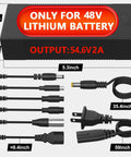 54.6V 2A Electric Charger for 48V Lithium Battery Packs 13S Li-Ion, showing measurements and plug connectors.
