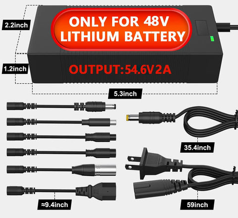 54.6V 2A Electric Charger for 48V Lithium Battery Packs 13S Li-Ion, showing measurements and plug connectors.
