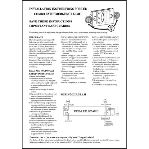 Installation instructions sheet for LED Exit Sign And Emergency Light Kit With Battery Backup For Business with wiring diagram.