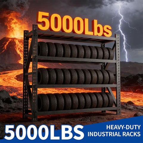 Built Like A Tank 4 Tier Heavy Duty Garage Shelving Unit with tires, showing 5000 lbs capacity, sturdy metal design.