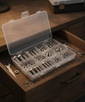 Stainless Steel Hex Head Bolts Nuts And Washers Kit With SAE And Metric Fasteners in open organizer on wooden workbench drawer