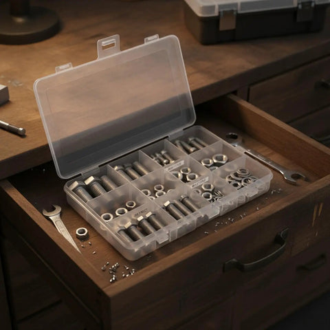 Stainless Steel Hex Head Bolts Nuts And Washers Kit With SAE And Metric Fasteners in open organizer on wooden workbench drawer