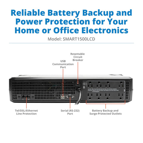 Eight Outlet 1500VA Rackmount UPS With 900W Output, LCD Screen, PWM Sine Wave, AVR, Short Depth 2U Design, Backup Power For Home Office Servers And Peripherals