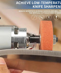 Mini Belt Sander Machine Tool With Polishing And Grinding Wheels Adjustable Worktable 7-Speed Varying From 4000 To 9000 Rpm in use for knife sharpening.