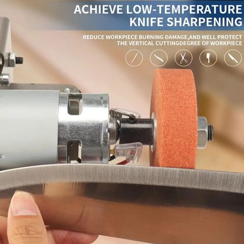 Mini Belt Sander Machine Tool With Polishing And Grinding Wheels Adjustable Worktable 7-Speed Varying From 4000 To 9000 Rpm in use for knife sharpening.