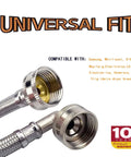 4 Ft Steam Dryer Hose Installation Kit With 90 Degree Space Saver Elbow, showing universal fit compatibility and product warranty