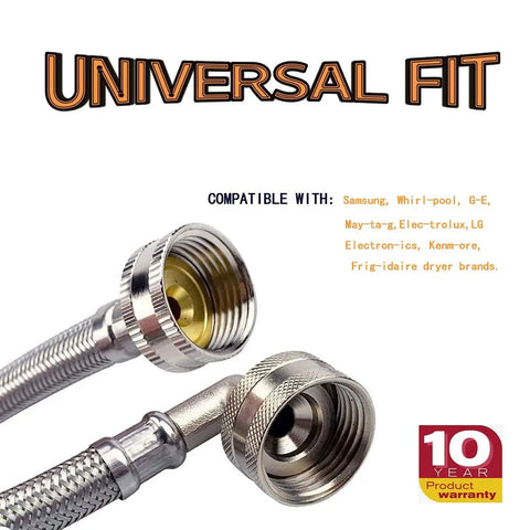 4 Ft Steam Dryer Hose Installation Kit With 90 Degree Space Saver Elbow, showing universal fit compatibility and product warranty