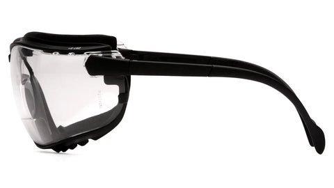 Side view of V2G Readers Eyewear With Clear Anti Fog Lens Plus 2.5 Diopter, Black Frame And Strap, Vented Headband And Temples.