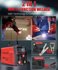 135A Mini Stick Welder 110V Portable Arc Welder with red casing, showing digital display, gloves, and cable components
