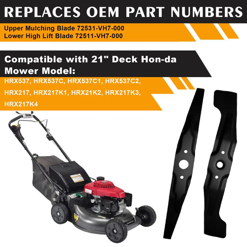 Two Pack Mulching Blades Kit For 21 Inch Deck Honda HRX217 HRX537 Series Lawn Mowers Replacement Upper Blade 72531-VH7-000 Lower High Lift Blade 72511-VH7-000 Easy Install displayed with compatible lawn mower