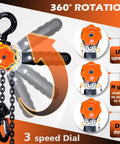 YATOINTO mini lever chain hoist with orange hand wheel, steel construction, 1/4 ton capacity, dual hooks