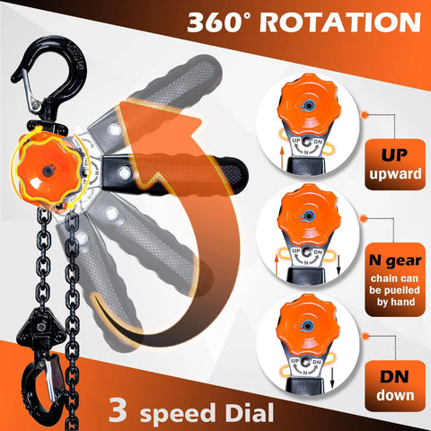YATOINTO mini lever chain hoist with orange hand wheel, steel construction, 1/4 ton capacity, dual hooks