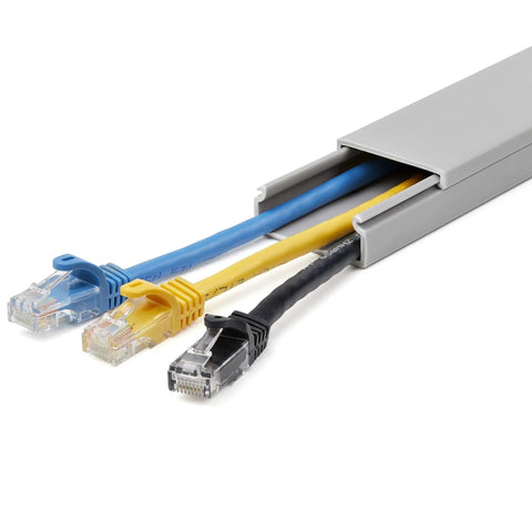 Solid Cable Management Raceway With Cover For Home Office And Server Room, 1.5 Inch Wide By 0.625 Inch High, 6.5 Foot Length showing cables inside